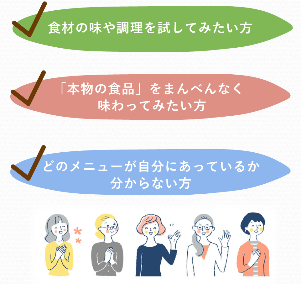 食材の味や調理を試してみたい方・「本物の食品」をまんべんなく味わってみたい方・どのメニューが自分にあっているか分からない方